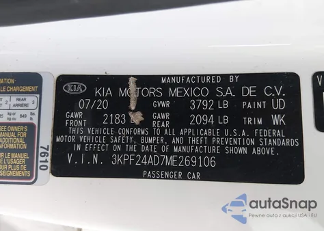 2021 Kia Forte Lxs из США, поврежденный, VIN 3KPF24AD7ME269106